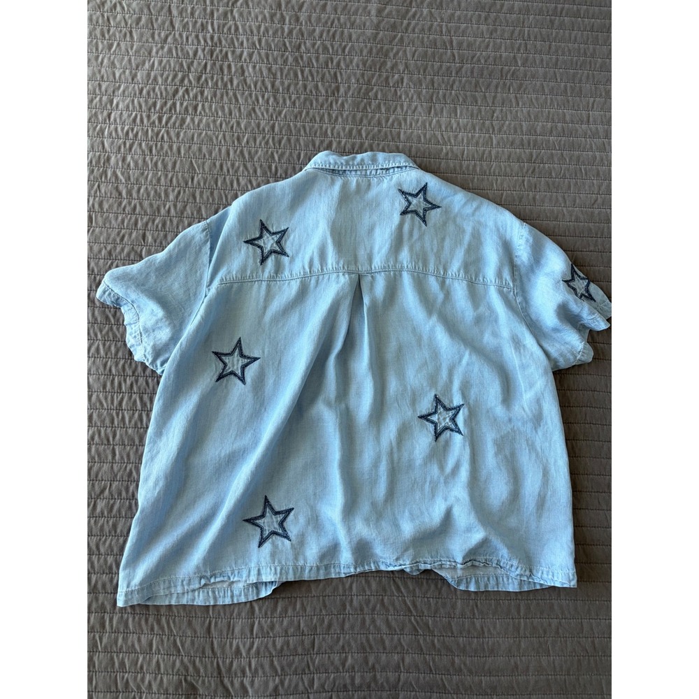 Jane + Delancey Blue Star Embroidered Lyocell Short Sleeve Button Down Shirt L - Picture 8 of 8